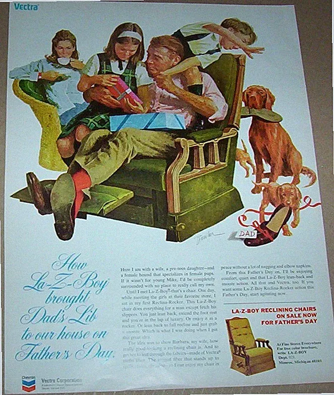 1973 print ad - La-Z-Boy recliner furniture family Dad kids dogs art artwork AD